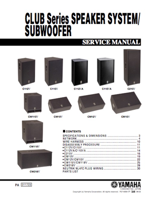 Product picture Yamaha club series speaker system service manual  c cw cm