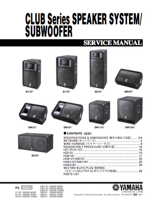 Product picture Yamaha club series speaker subwoofer service manual sm sw