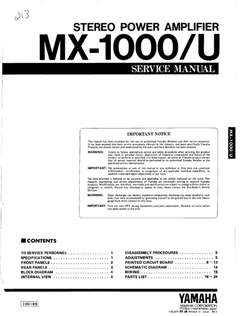 Product picture Yamaha mx1000 mx-1000 u power amplifier service manual full