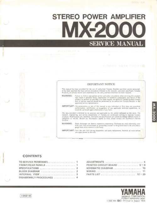 Product picture Yamaha mx2000 mx-2000 power amplifier service manual full