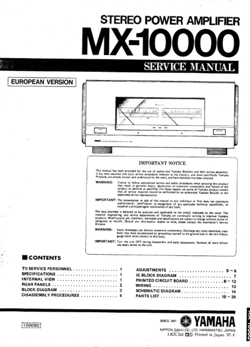 Product picture Yamaha mx10000 mx-10000 power amplifier service manual full