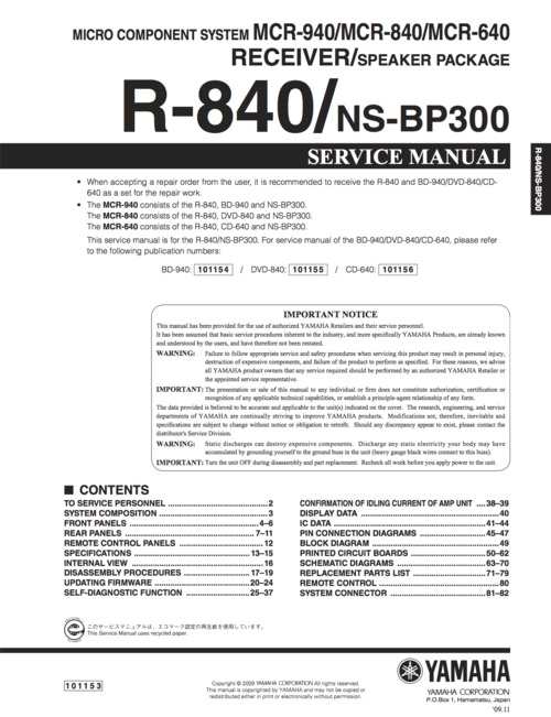 Product picture Yamaha r840 r-840 nsbp300 ns-bp300 service manual complete