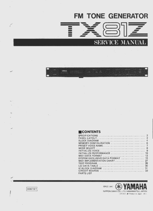 Product picture Yamaha tx81z tx-81z fm tone generator service manual
