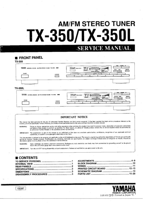 Product picture Yamaha tx350 tx-350l fm tone generator service manual 350
