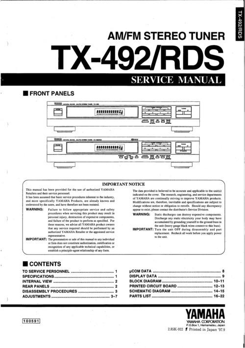 Product picture Yamaha tx492 tx-492 rds fm tone generator service manual