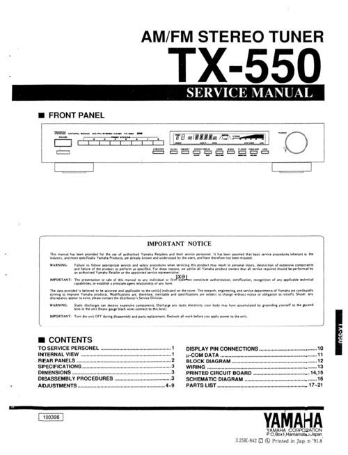 Product picture Yamaha tx550 tx-550 tuner service manual