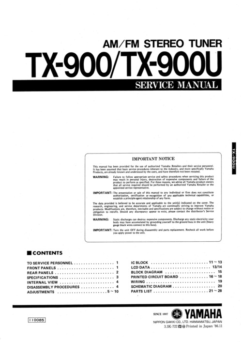 Product picture Yamaha tx900 tx-900 tx900u fm tone generator service manual