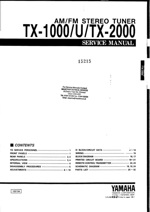 Product picture Yamaha tx1000 tx-1000 tx2000 tx-2000 u tuner service manual