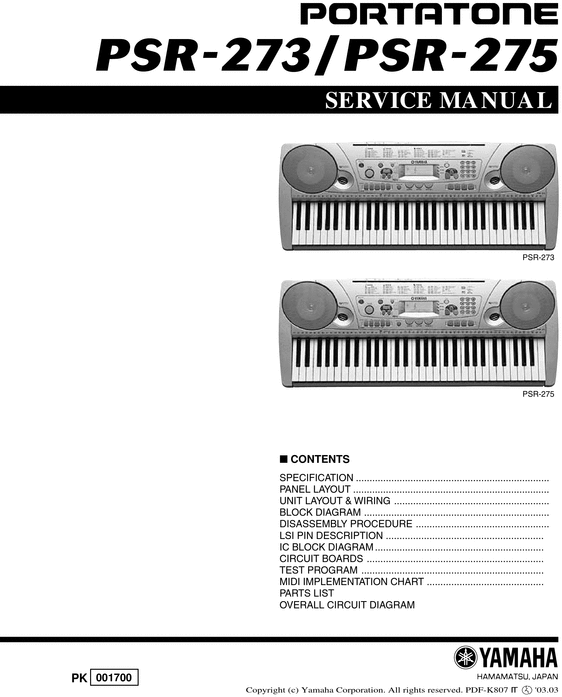 Product picture Yamaha psr273 psr-273 psr275 psr-275 service manual